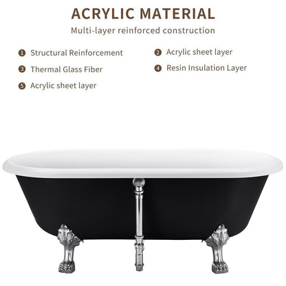 67" 100% Acrylic Freestanding Bathtub，Contemporary Soaking Tub，white inside black outside