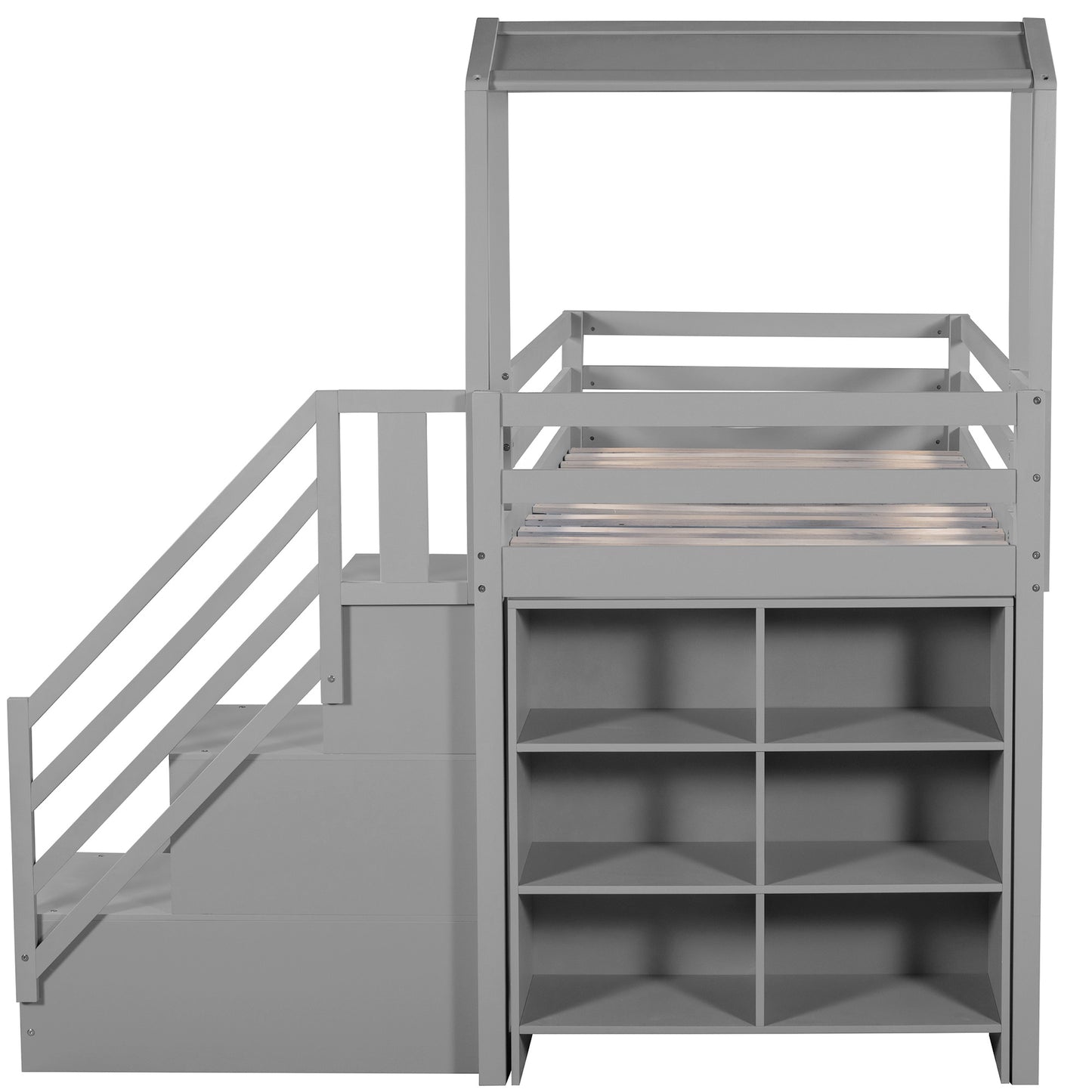 Twin over Full House Roof Bunk Bed with Staircase and Shelves, Gray