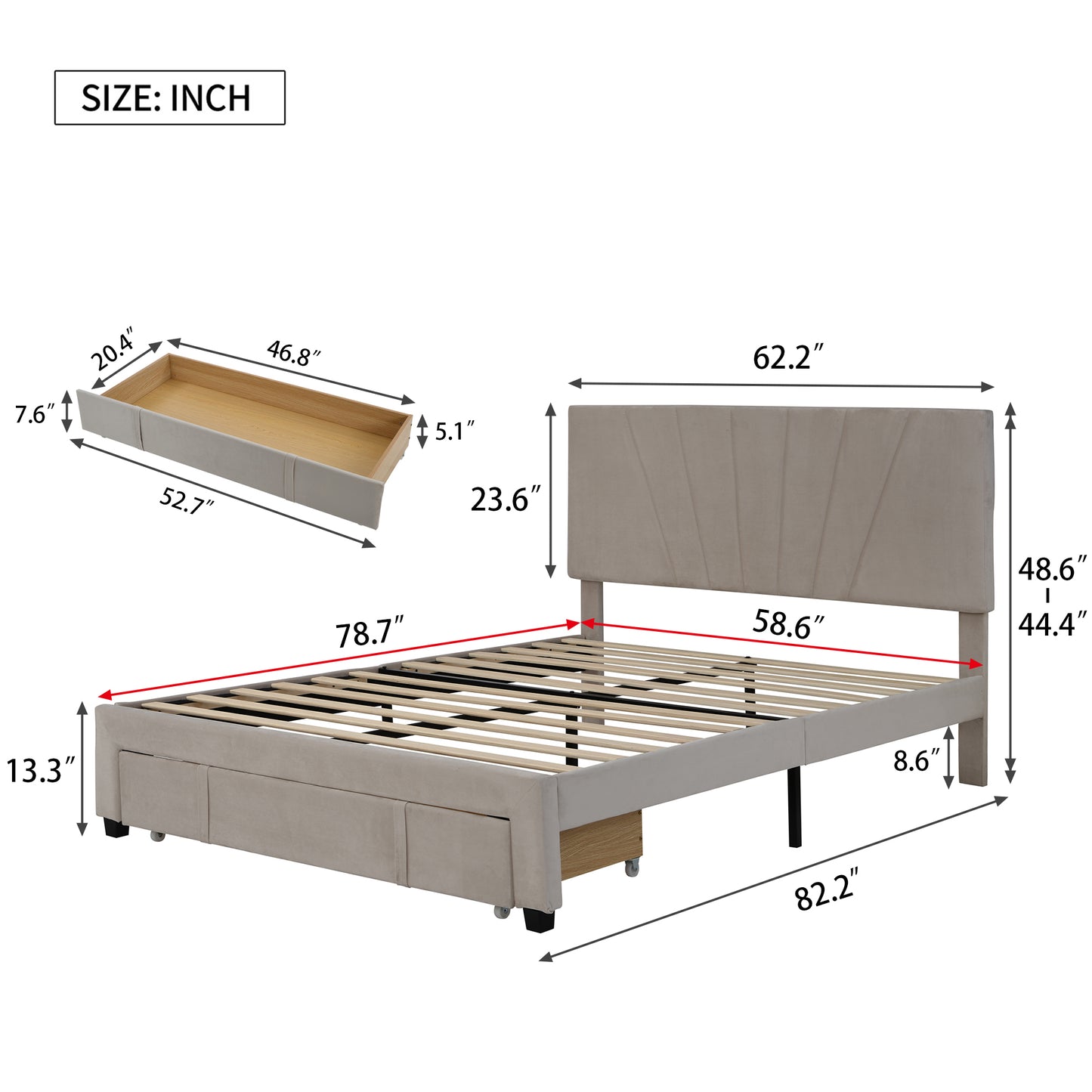 Queen Size Storage Bed Velvet Upholstered Platform Bed with a Big Drawer - Beige