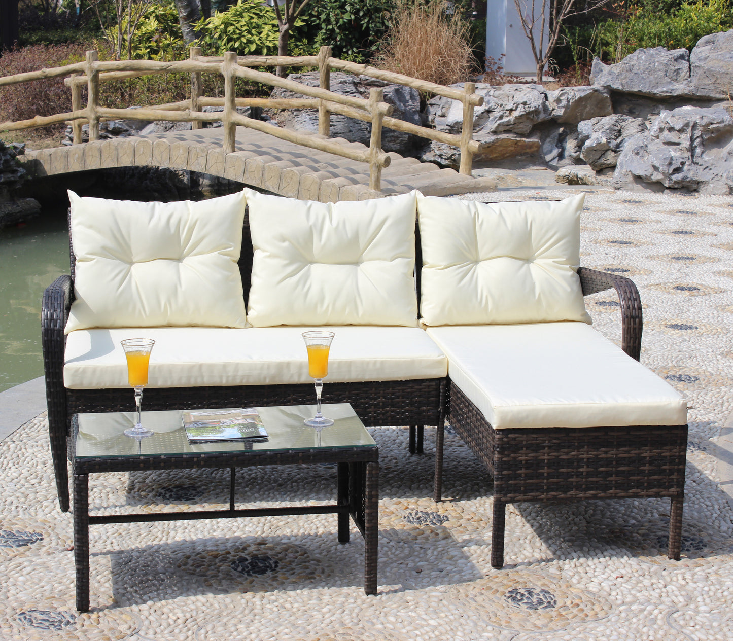 Outdoor patio Furniture sets 3 piece Conversation set wicker Ratten Sectional Sofa With Seat Cushions(Beige Cushion)