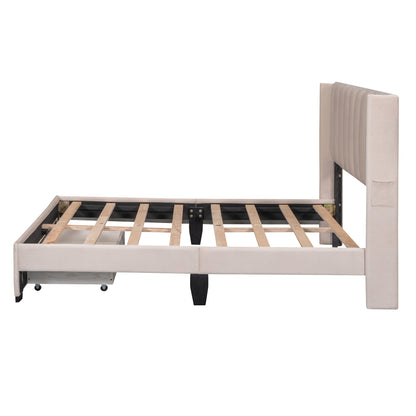 Full Size Storage Bed Velvet Upholstered Platform Bed with a Big Drawer - Beige