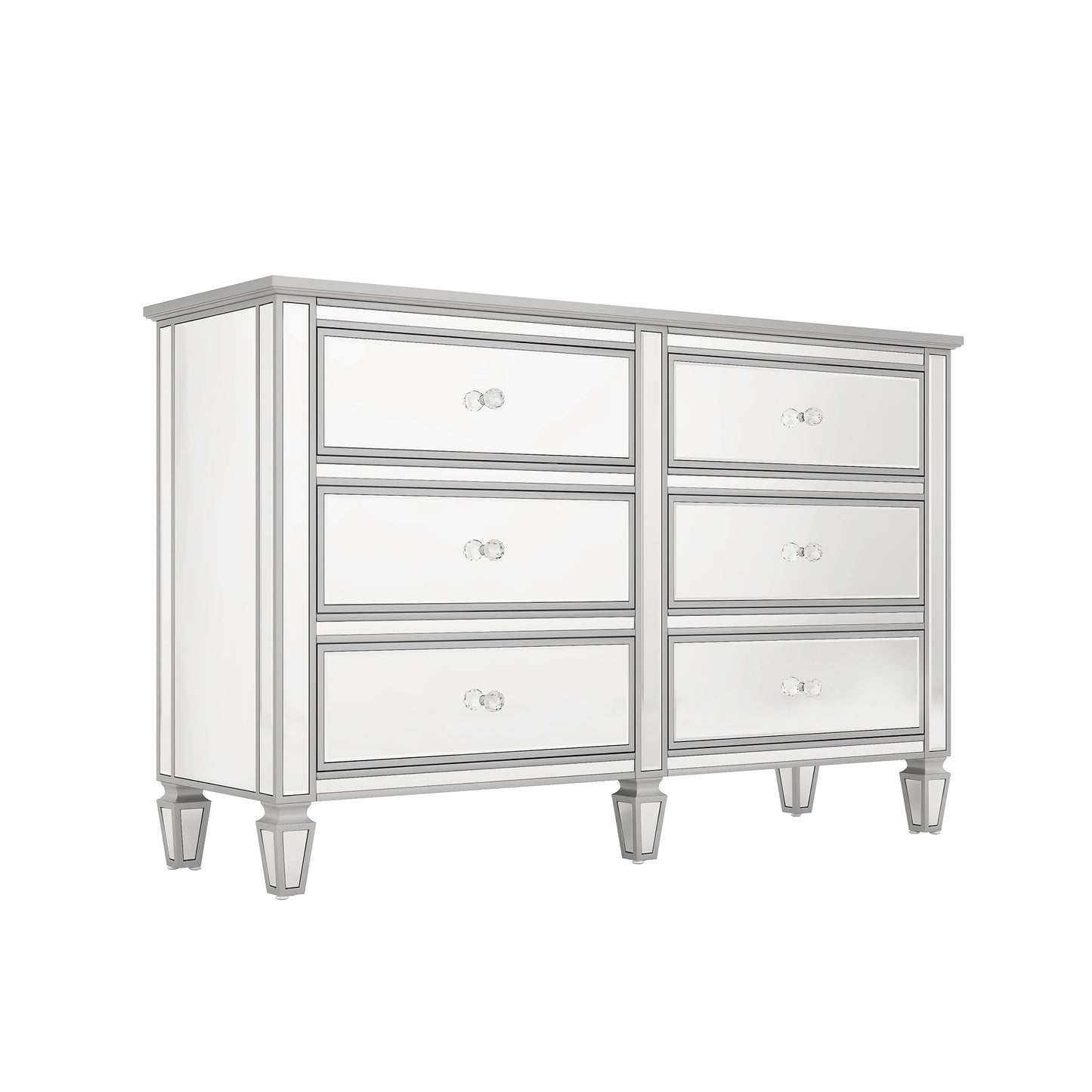 Elegant Mirrored Dresser with 6 Drawers, Modern Silver Finished Dresser 56.1“L x 18.1” W x 36.4” H for Living Room Bedroom