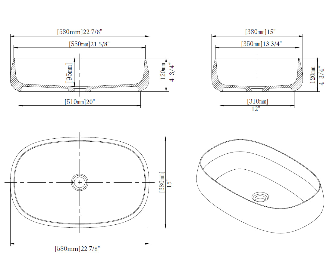 22.8''x15''  Transparent Crystal Coffee Bathtoom Vessel Basin Resin Stone Solid Surface Countertop Sink 580 x380MM