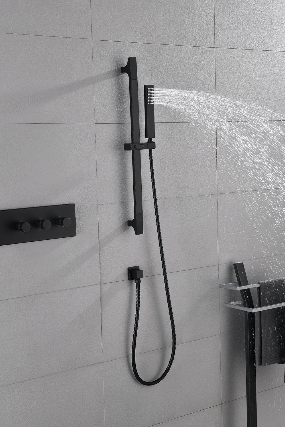 Shower System Square Bathroom Luxury Rain Mixer Shower Combo Set Pressure Balanced Shower System with Shower Head, Hand Shower, Slide Bar, Shower Arm, Hose, and Valve Trim