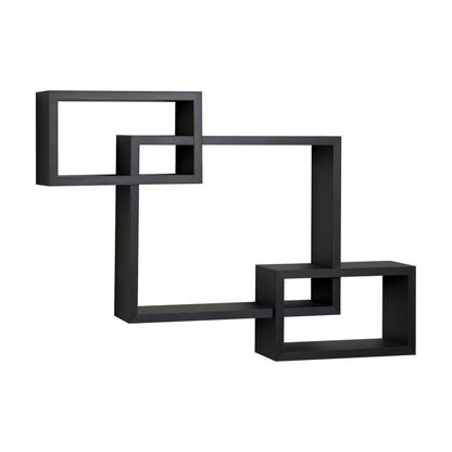 Intersecting Rectangle Shape Wooden Floating Wall Shelf, Black