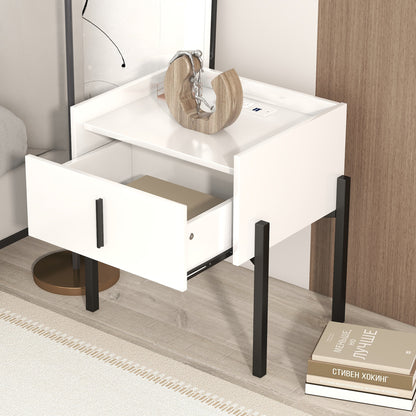 Nightstand with Drawer ,Storage Bedside Table with USB Charging Ports- White