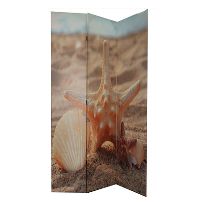 71 Inch 3 Panel Room Divider, Beach Theme, Dual Side Print, Multicolor