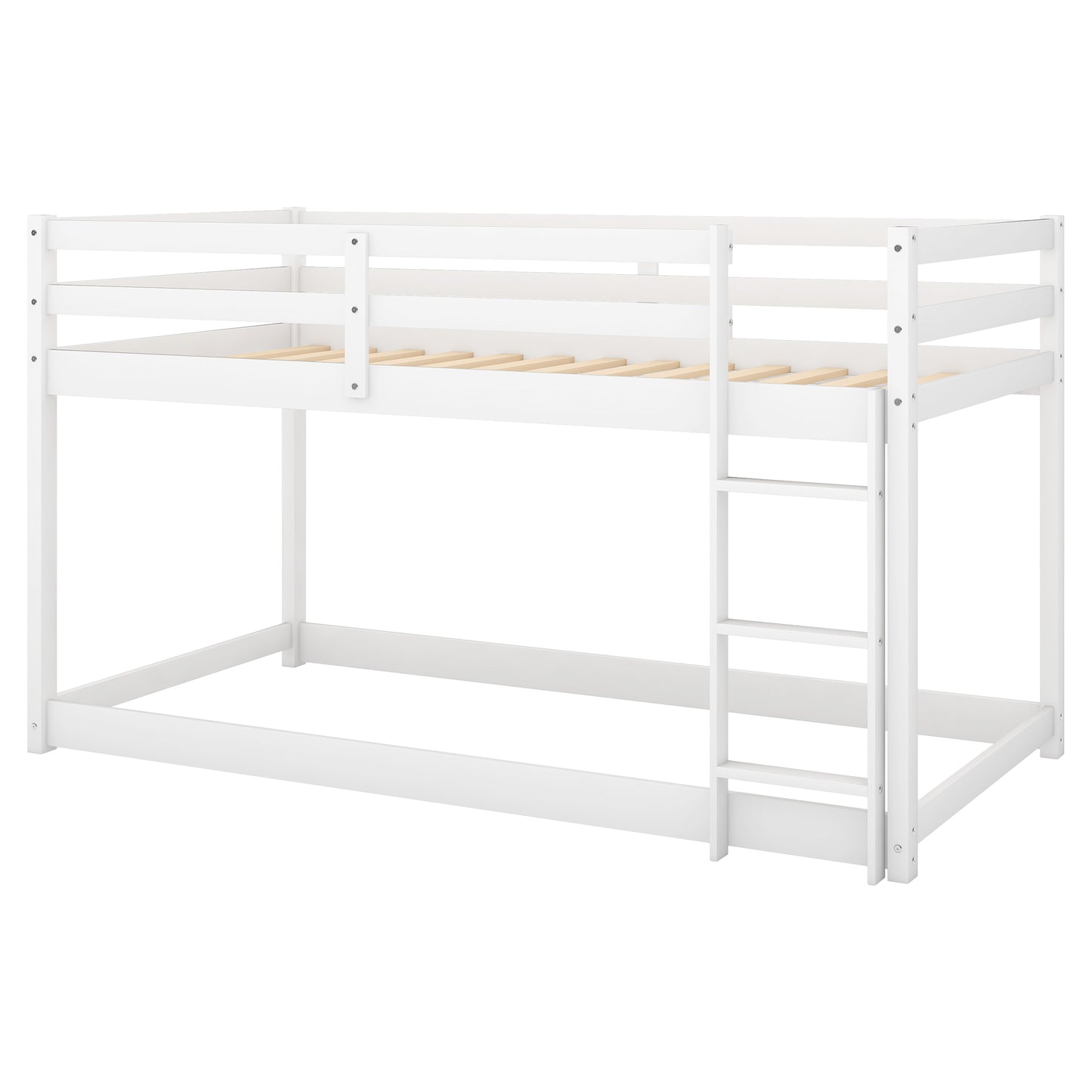 Twin over Twin Floor Bunk Bed with Ladder , White(Old SKU:WF281727AAK/WF286602AAK)