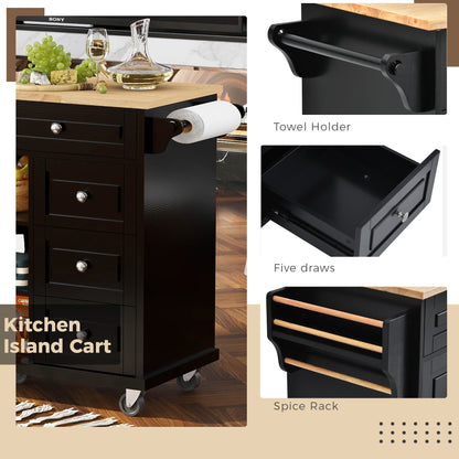 K&K kitchen cart with Rubber wood desktop rolling mobile kitchen island with storage and 5 draws 53 Inch width （Black）