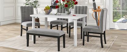 TREXM 6-Piece Dining Table Set with Marble Veneer Table and 4 Flannelette Upholstered Dining Chairs & Bench (White+Gray)