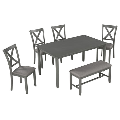 TREXM 6-Piece Kitchen Dining Table Set Wooden Rectangular Dining Table, 4 Fabric Chairs and Bench Family Furniture (Gray)