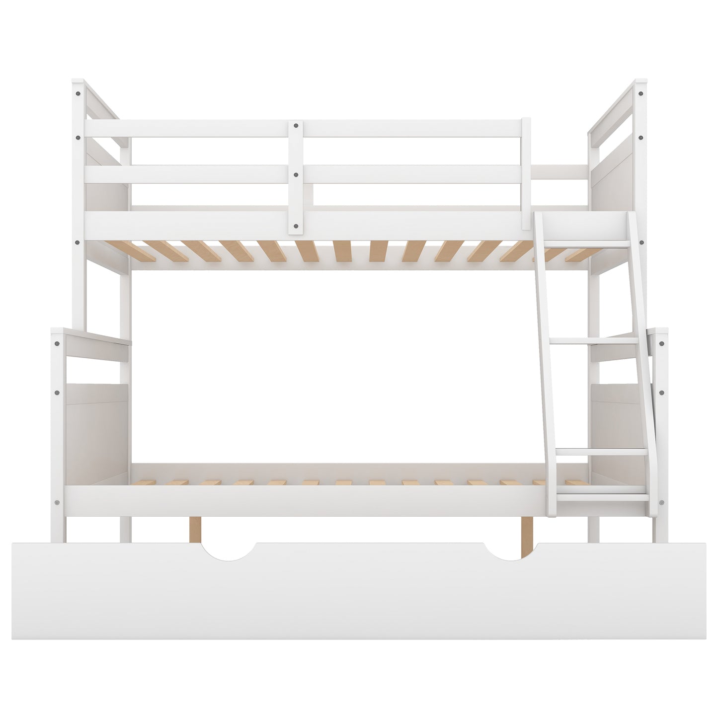 Twin over Full Bunk Bed with Ladder, Twin Size Trundle, Safety Guardrail, White