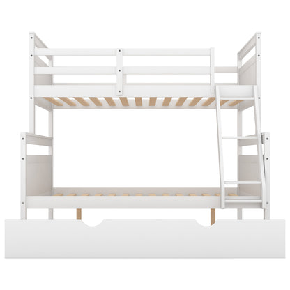 Twin over Full Bunk Bed with Ladder, Twin Size Trundle, Safety Guardrail, White