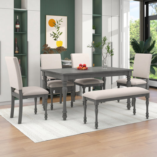 TREXM 6-Piece Wood Dining Table Set Rectangular Table with Turned Legs, 4 Upholstered Chairs and Bench for Dining Room (Gray)