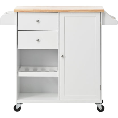 K&K Store Kitchen Cart with Spice Rack ,Towel Rack & Two Drawers,Rubber wood top,Kitchen Island with 4 Wheels for Dining Rooms Kitchens Living Rooms, White