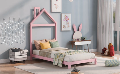 Twin Size Wood Platform Bed with House-shaped Headboard  (Pink)