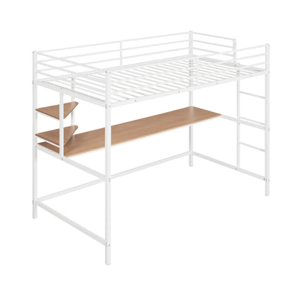 Twin Metal Loft Bed with Desk and Shelve,White