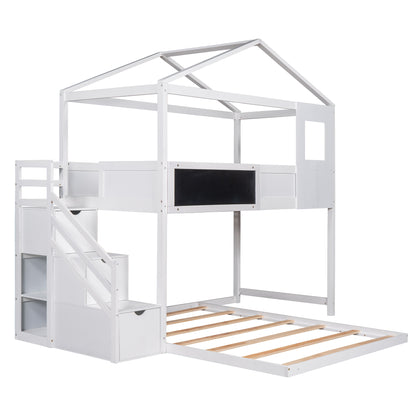 Twin over Full House Bunk Bed with Storage Staircase and Blackboard,White