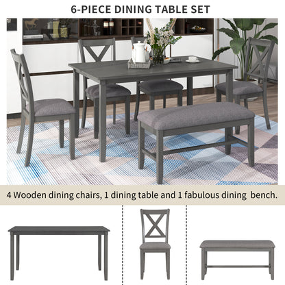 TREXM 6-Piece Kitchen Dining Table Set Wooden Rectangular Dining Table, 4 Fabric Chairs and Bench Family Furniture (Gray)