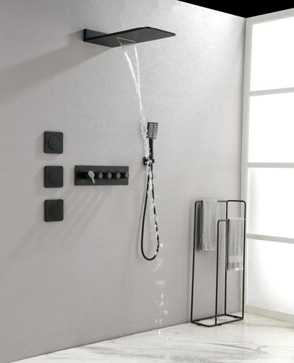 Wall Mounted Waterfall Rain Shower System With 3 Body Sprays & Handheld Shower