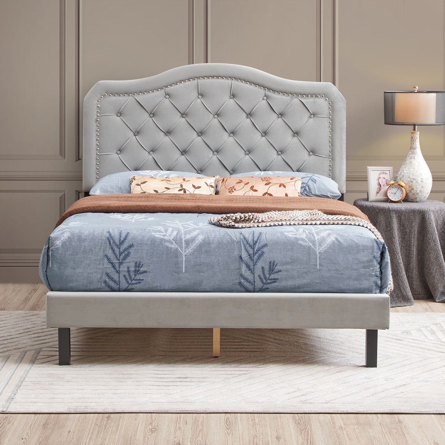 Upholstered Bed Button Tufted with Curve Design - Strong Wood Slat Support - Easy Assembly - Gray Velvet - platform bed - Queen