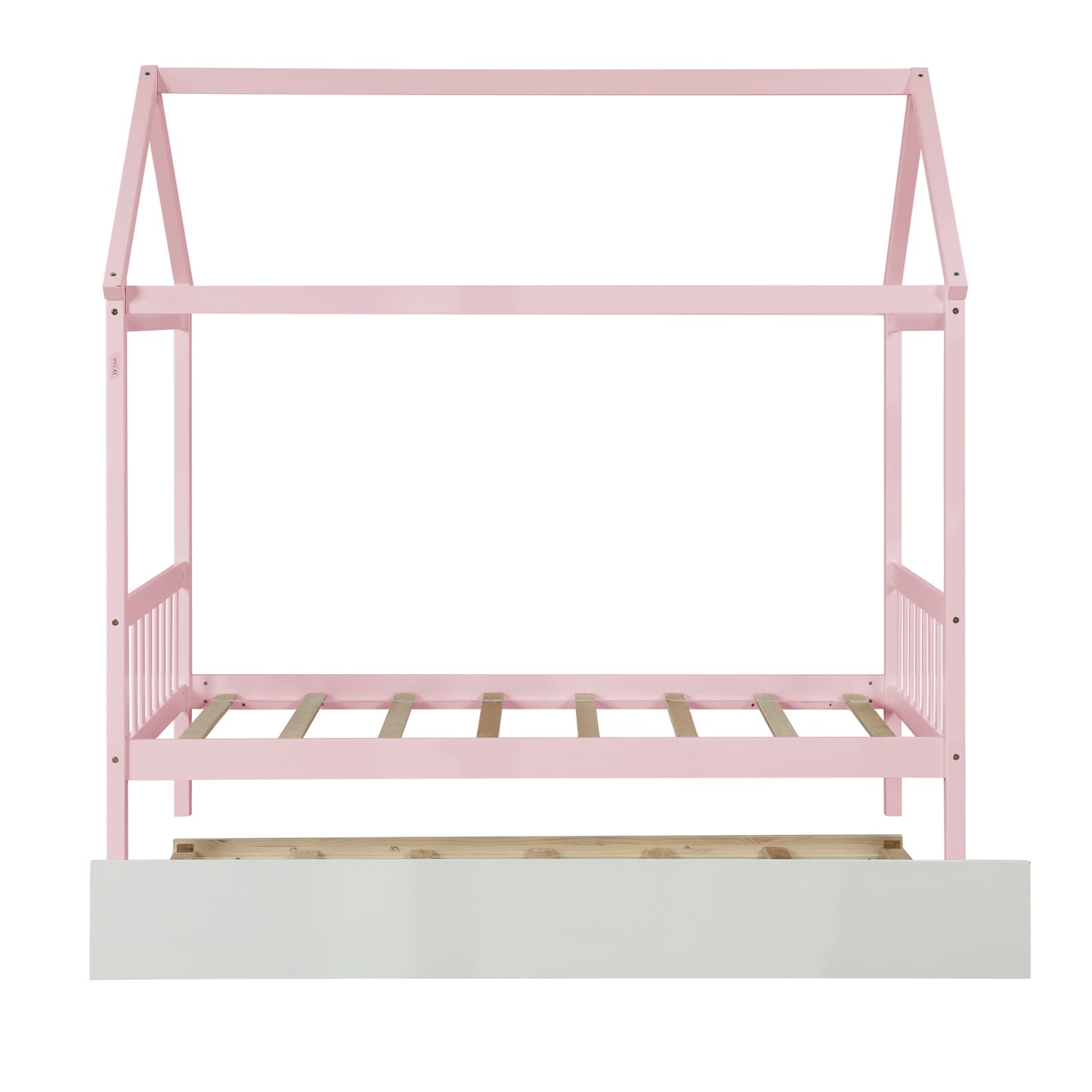 WARM PINK TWIN HOUSE BED WITH WHITE TWIN TRUNDLE