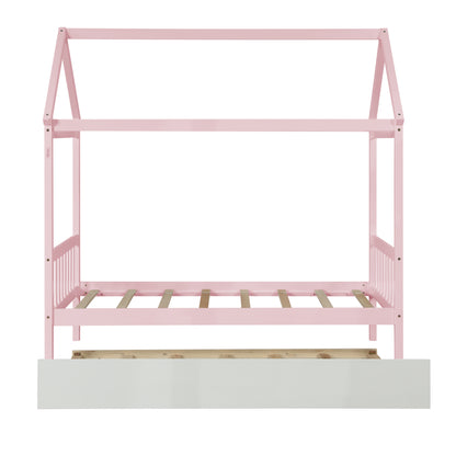 WARM PINK TWIN HOUSE BED WITH WHITE TWIN TRUNDLE