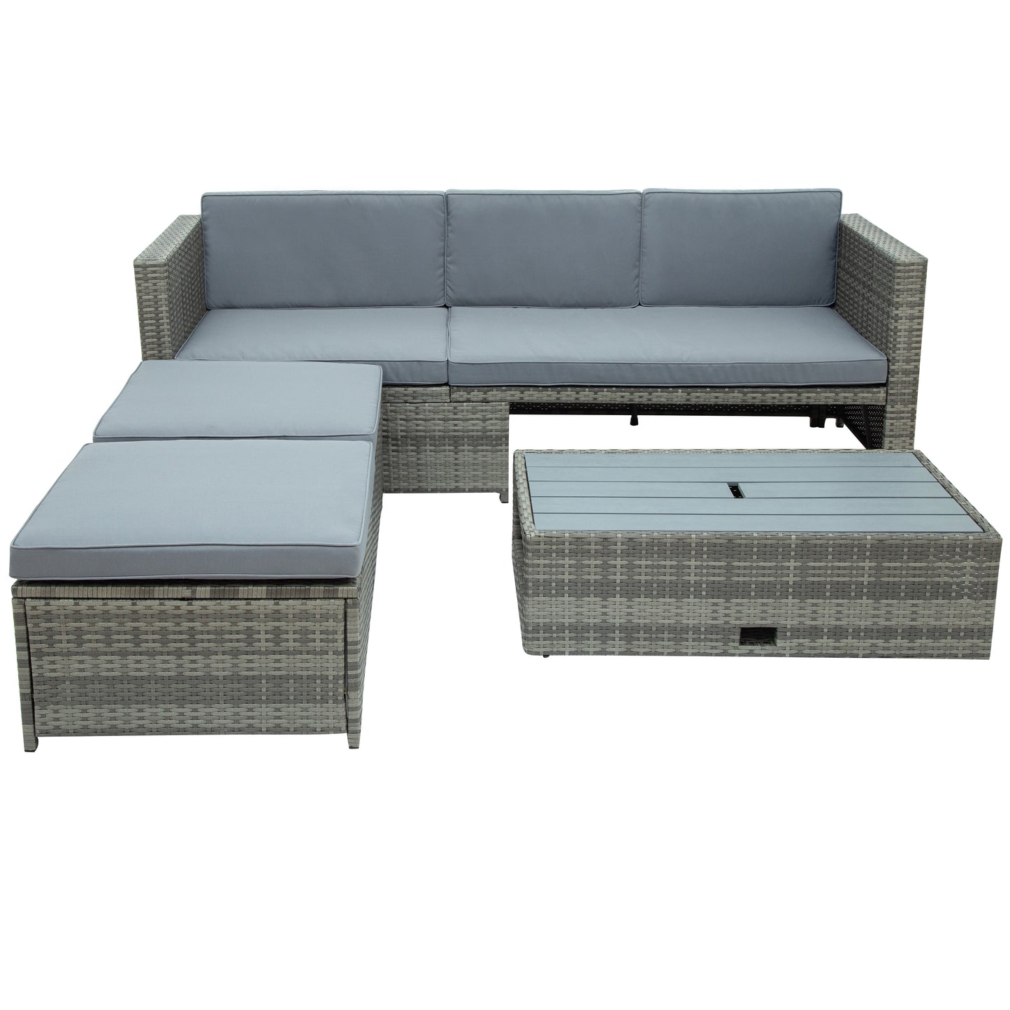 TOPMAX 4-piece Outdoor Backyard Patio Rattan Sofa Set, All-weather PE Wicker Sectional Furniture Set with Retractable Table, Gray