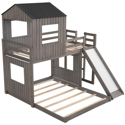 Wooden Twin Over Full Bunk Bed, Loft Bed with Playhouse, Farmhouse, Ladder, Slide and Guardrails, White(OLD SKU :LT000028AAE)