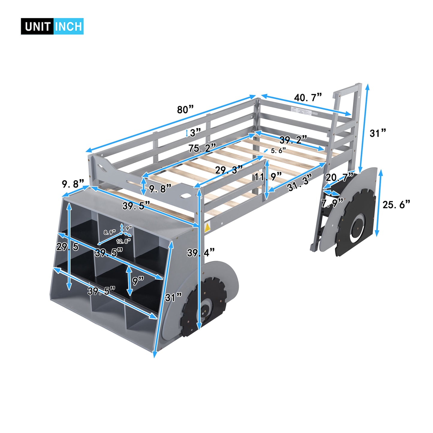 Twin Size Forklift Car-Shaped Loft Bed with Storage Shelves,Gray