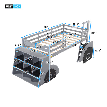 Twin Size Forklift Car-Shaped Loft Bed with Storage Shelves,Gray