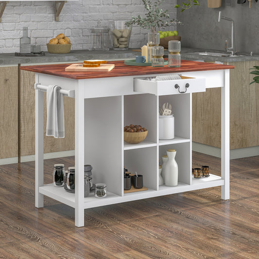 TOPMAX Farmhouse Stationary Wood Dining Table Drop Leaf Kitchen Island with Storage Shelves, Dark Walnut+White