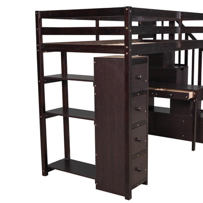 Twin size Loft Bed with Storage Drawers ,Desk and Stairs, Wooden Loft Bed with Shelves - Espresso