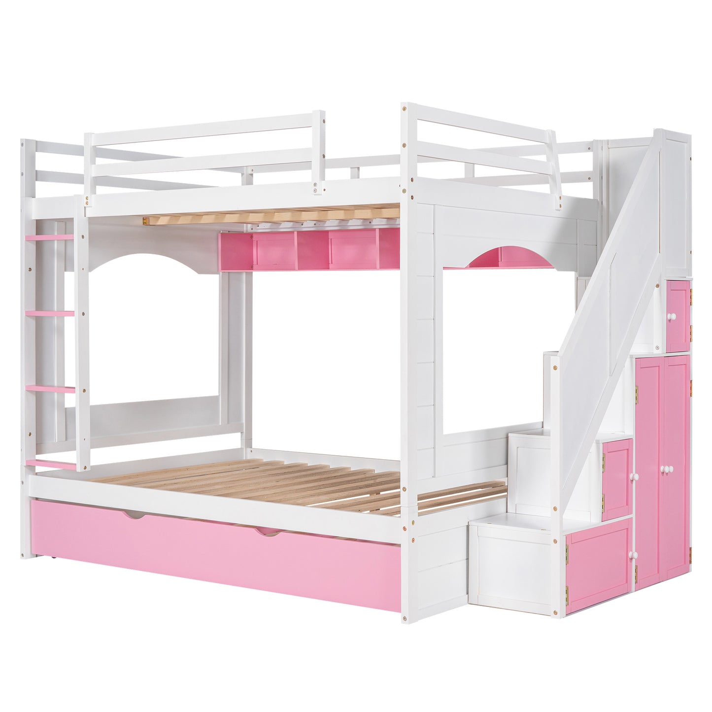 Full Over Full Bunk Bed with Trundle ,Stairs,Ladders Solid Wood Bunk bed with Storage Cabinet （White + Pink）