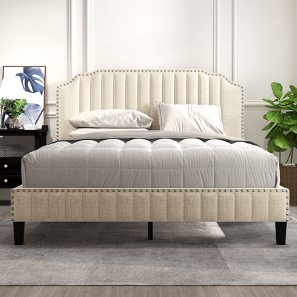 Modern Linen Curved Upholstered Platform Bed , Solid Wood Frame , Nailhead Trim, Cream (Queen)