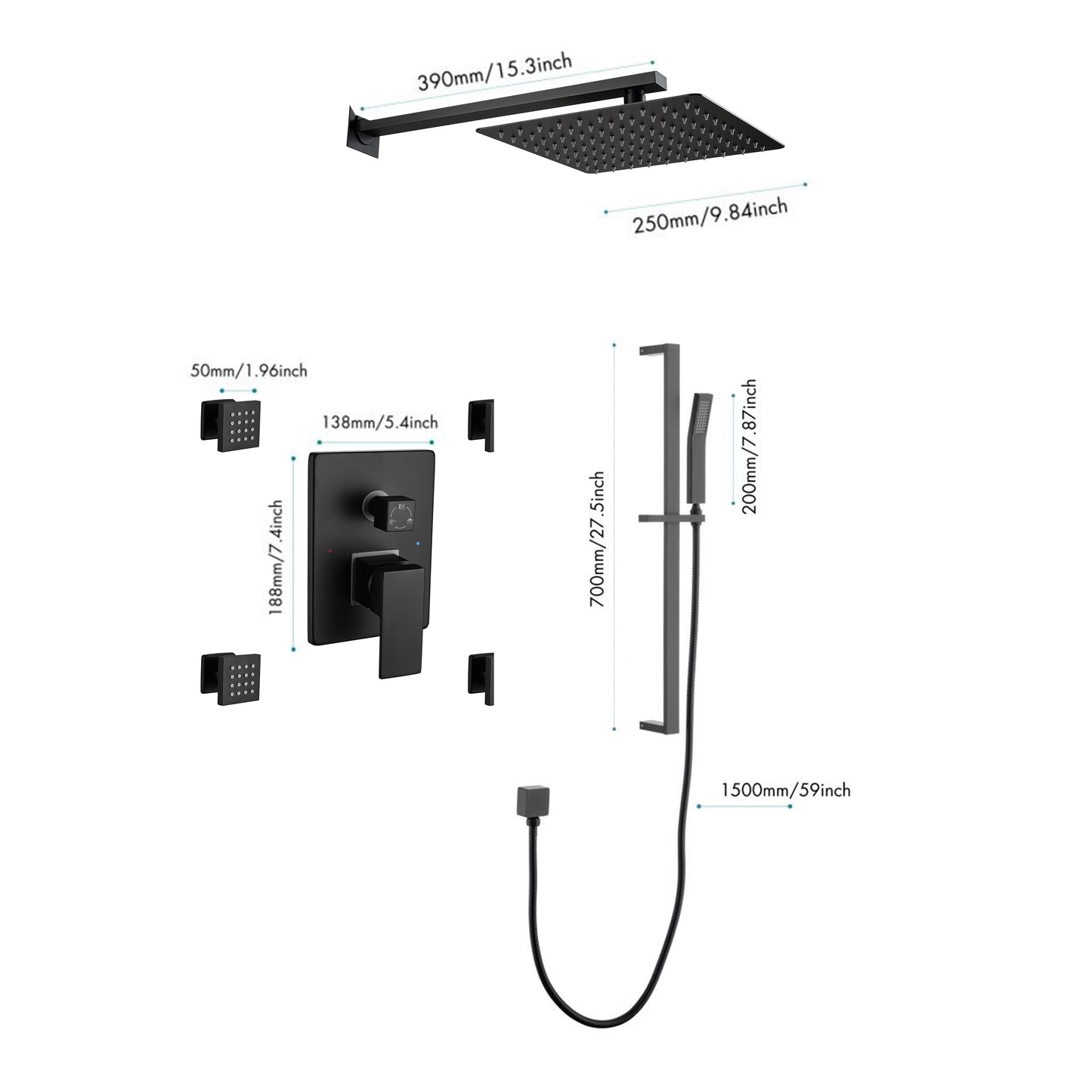 Shower System 10Inch Square Bathroom Luxury Rain Mixer Shower Combo Set Pressure Balanced Shower System with Shower Head, Hand Shower, Slide Bar, Shower Arm, Hose, and Valve Trim