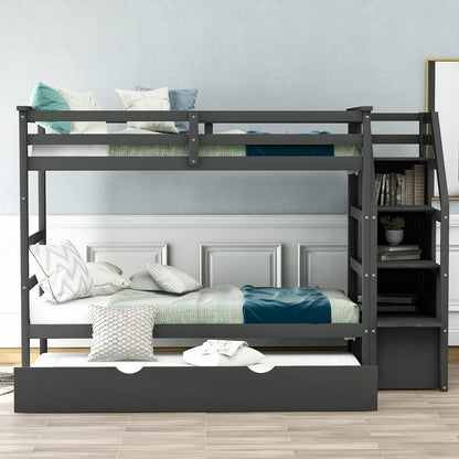 Twin-Over-Twin Bunk Bed with Twin Size Trundle and 3 Storage Stairs (Gray)