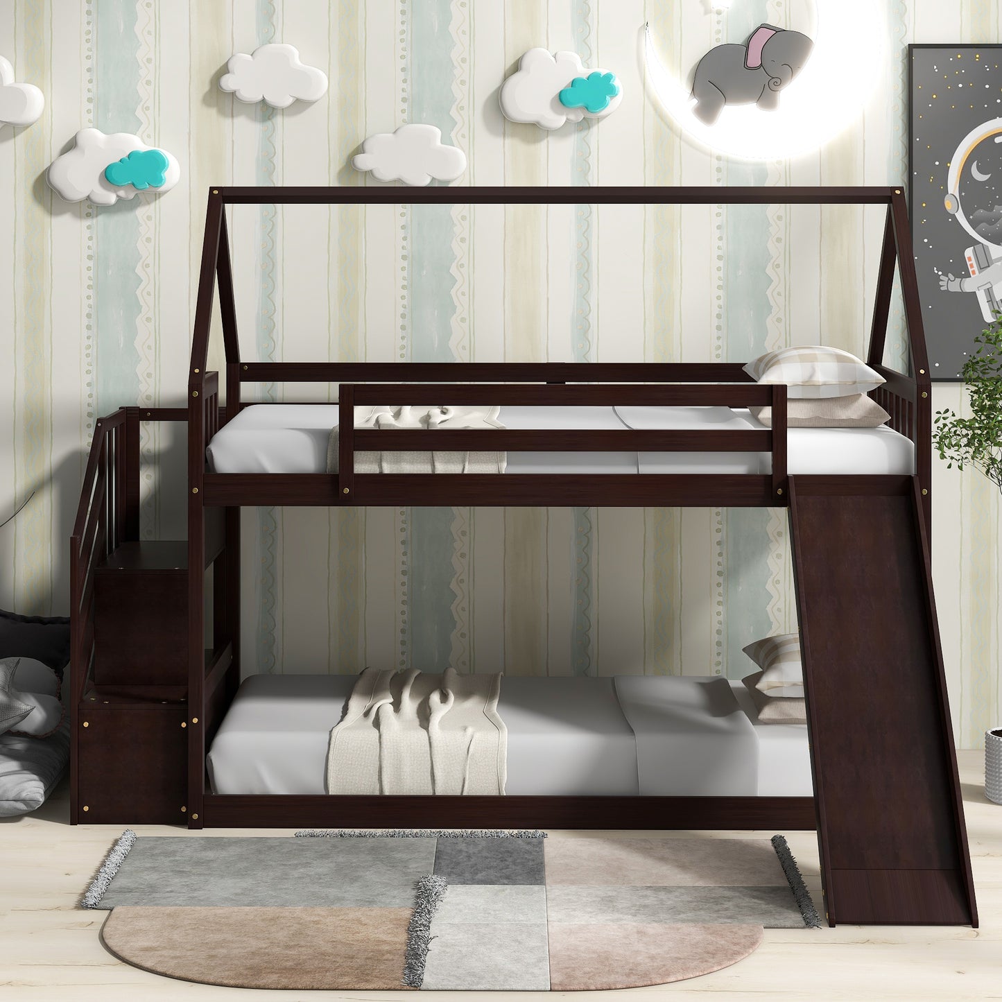 Twin over Twin House Bunk Bed with Slide and Storage Staircase,Espresso