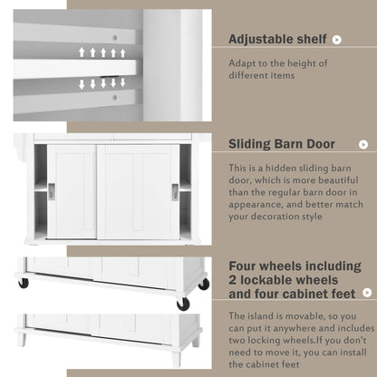 K&K Kitchen Cart with Rubber wood Drop-Leaf Countertop, Concealed sliding barn door adjustable height,Kitchen Island on 4 Wheels with Storage Cabinet and 2 Drawers,L52.2xW30.5xH36.6 inch, White