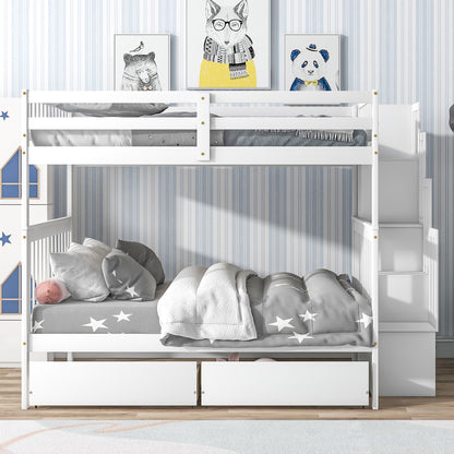 Full Over Full Bunk Bed with 2 Drawers and Staircases, Convertible into 2 Beds, the Bunk Bed with Staircase and Safety Rails for Kids, Teens, Adults, White