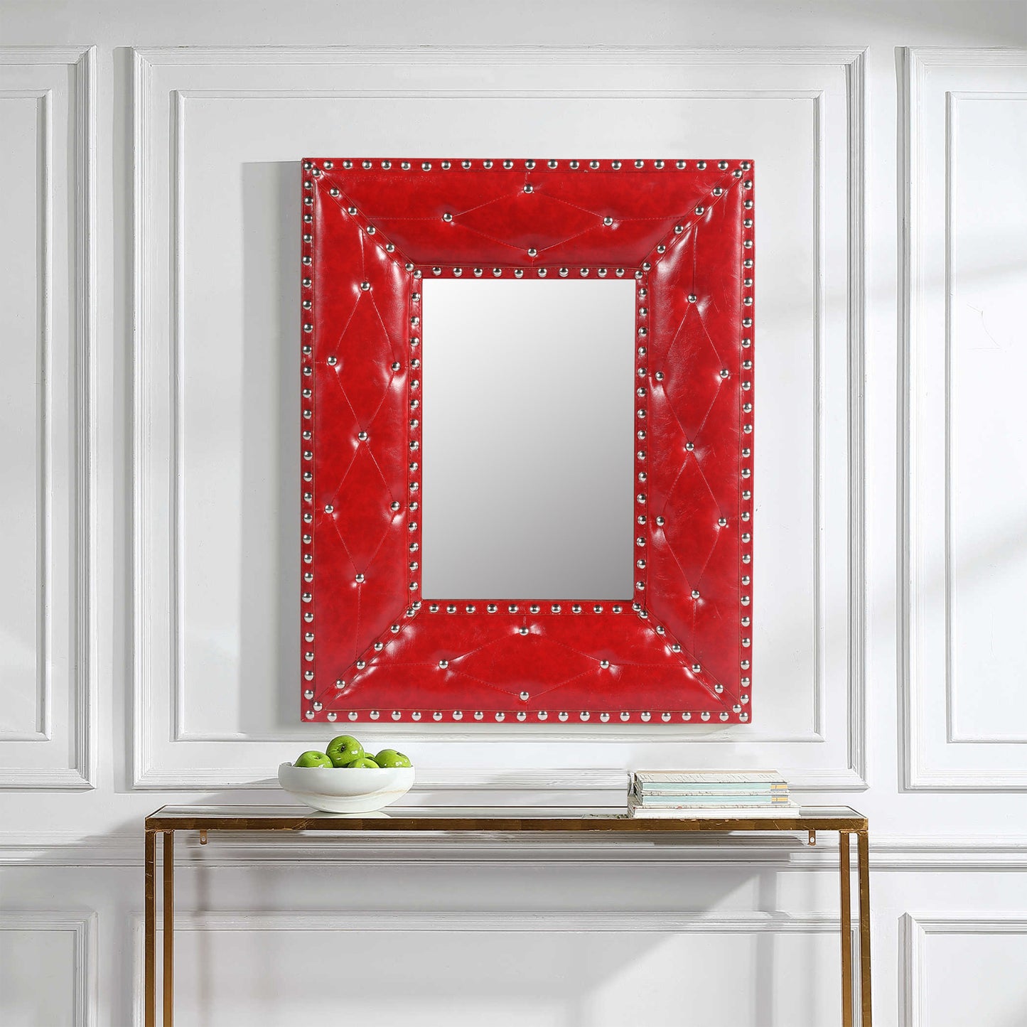 RED Rectangle Decorative Wall Hanging Mirror,Rivet Decoration,PU Covered MDF Framed Mirror for Bedroom Living Room Vanity Entryway Wall Decor,21x26inch