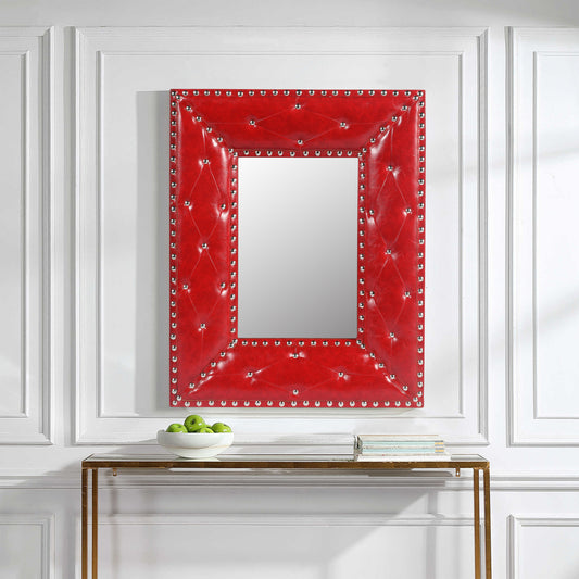 RED Rectangle Decorative Wall Hanging Mirror,Rivet Decoration,PU Covered MDF Framed Mirror for Bedroom Living Room Vanity Entryway Wall Decor,21x26inch