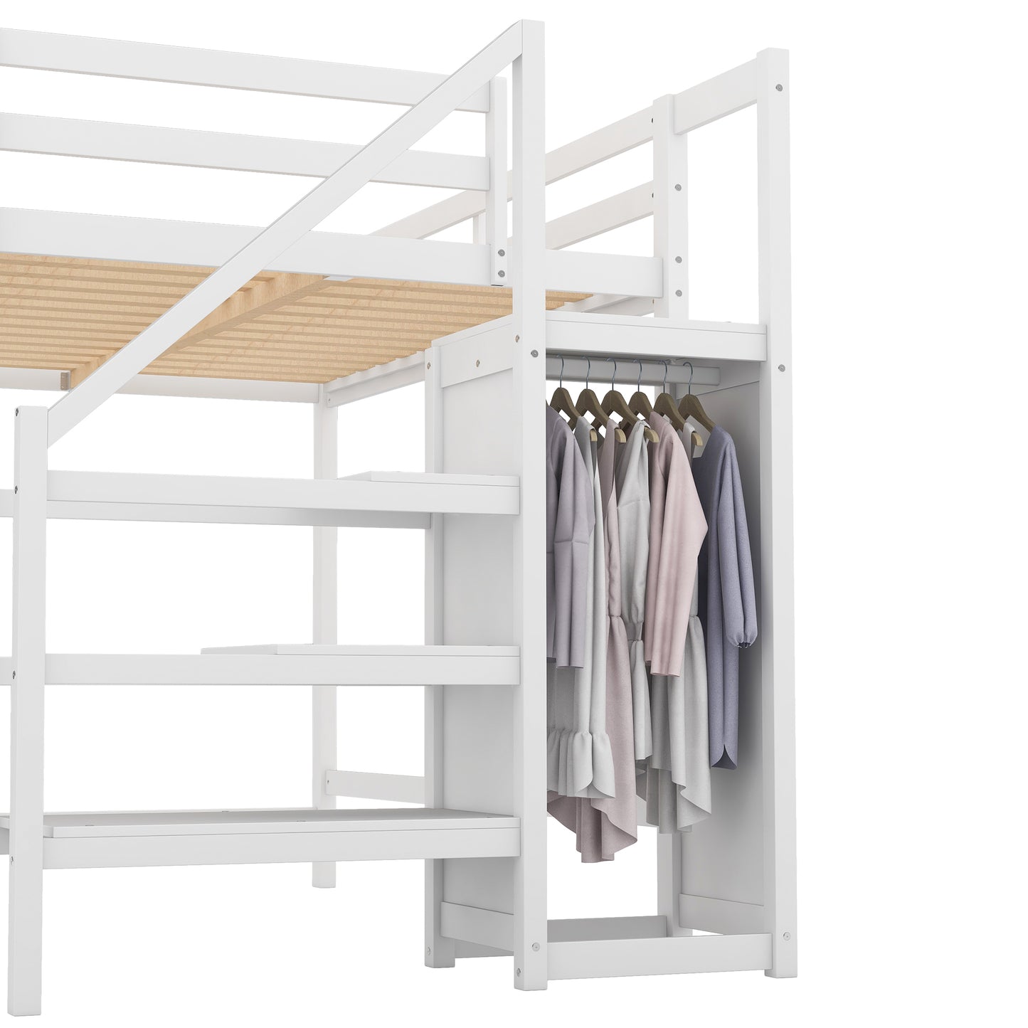 Full Size Loft Bed with Built-in Storage Wardrobe and Staircase,White