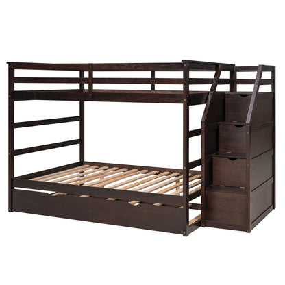 Full-over-Full Bunk Bed with Twin Size Trundle and 3 Storage Stairs,Espresso