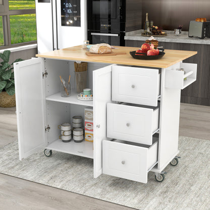 Rolling Mobile Kitchen Island with Solid Wood Top and Locking Wheels，52.7 Inch Width，Storage Cabinet and Drop Leaf Breakfast Bar，Spice Rack, Towel Rack & Drawer （White）