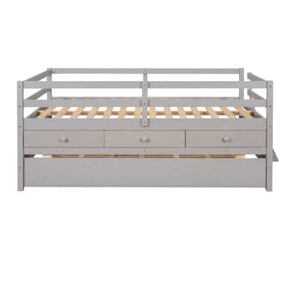 Low Loft Bed Full Size with Full Safety Fence, Climbing ladder, Storage Drawers and Trundle Gray Solid Wood Bed