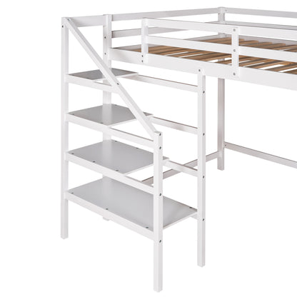 Full Size Loft Bed with Built-in Storage Staircase and Hanger for Clothes,White