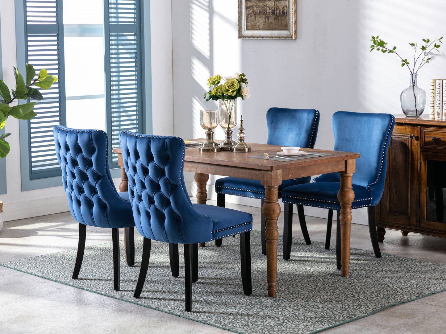 A&A Furniture,Upholstered Wing-Back Dining Chair with Backstitching Nailhead Trim and Solid Wood Legs,Set of 2, Blue,8809BL, KD