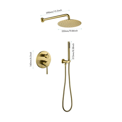 Shower System, Wall Mounted Shower Faucet Set for Bathroom with High Pressure 10" Stainless Steel Rain Shower head Handheld Shower Set, 2 Way Pressure Balance Shower Valve Kit, Brushed Gold