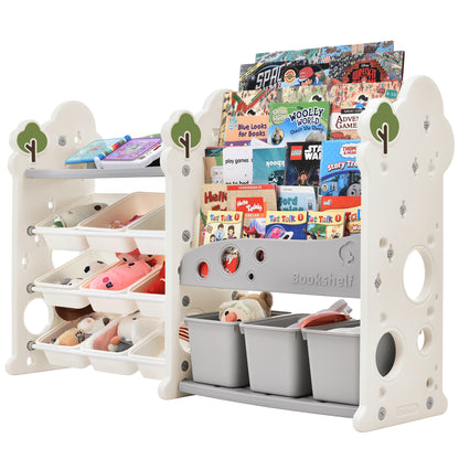 Kids Bookshelf Toy Storage Organizer with 12 Bins and 4 Bookshelves, Multi-functional Nursery Organizer Kids Furniture Set Toy Storage Cabinet Unit with HDPE Shelf and Bins